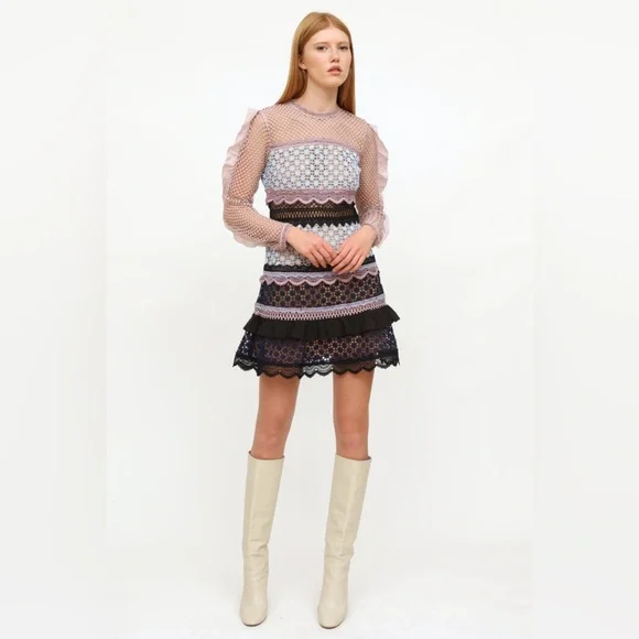 Self-Portrait Bellis Lace Trim Dress With Frilled Sleeves - Picture 4 of 16